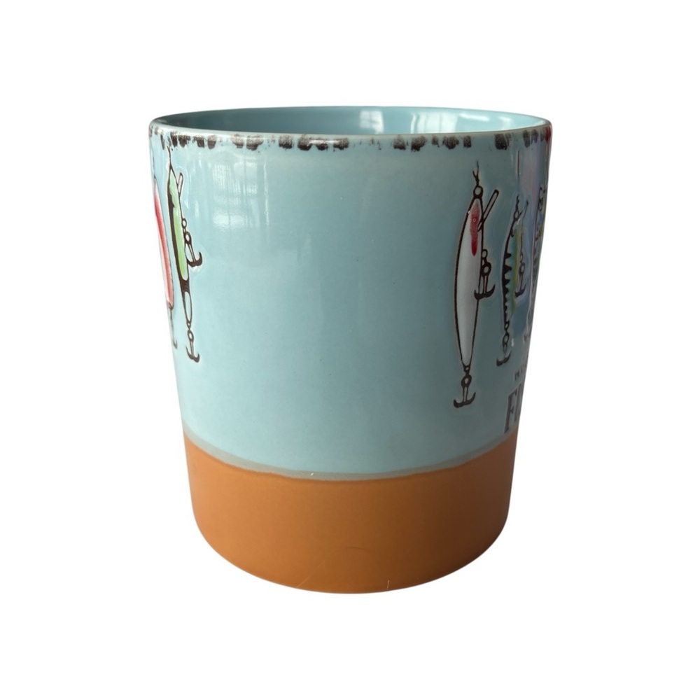 Wishing I Was Fishing Mug 18 oz Ceramic Coffee Cup Hooks Lures Spinner - Picture 2 of 7